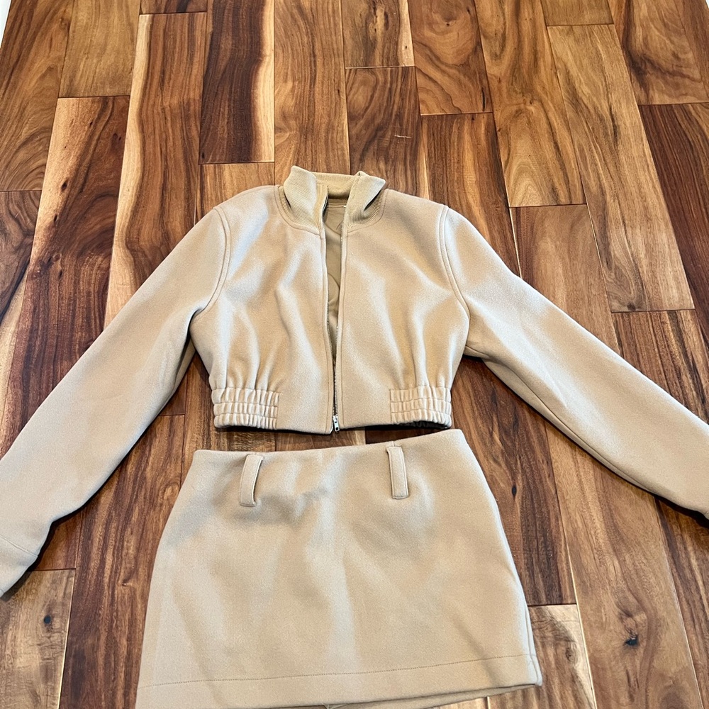 Tan Cropped Jacket & Mini Skirt Set